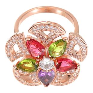 纯18K玫瑰金花朵彩钻戒指AU750莫桑石镶嵌群镶食指指环显钻奢华女