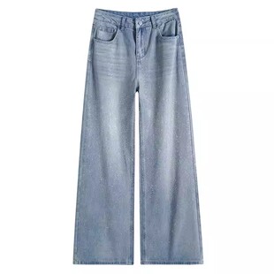 拉夏贝尔亮闪闪满天星烫钻牛仔裤女2026春秋新款高腰直筒阔腿裤子