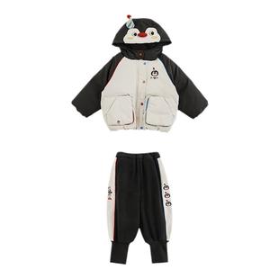 幼悠男童冬季新款企鹅连帽加厚杜邦三防棉服保暖儿童加绒束脚裤潮