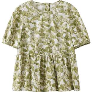 播商场同款灯笼袖印花衬衫女夏季新款荷叶边短袖衬衣BDS2HD2586