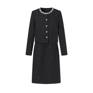 迪奥高定小香风两件套装女25新款千金名媛风外套+镶钻亮片连衣裙