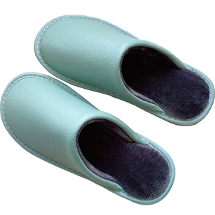 真皮面保暖棉拖鞋女秋冬季牛皮居家用防滑防水情侣室内毛绒厚底男