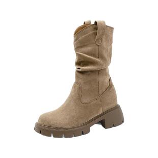 小个子内增高短筒靴女秋冬加绒小码女鞋3233骑士靴子西部堆堆靴34