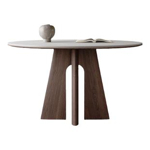 北欧岩板餐桌圆桌白色哑光现代简约小户型侘寂风胡桃色实木餐桌椅