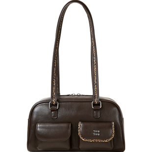 TOUTOU透透新款豹纹边棕色波士顿保龄球包大容量通勤腋下单肩包女