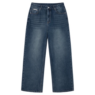 PSO Brand男装复古水洗做旧宽松直筒蓝色牛仔裤男款阔腿弯刀长裤