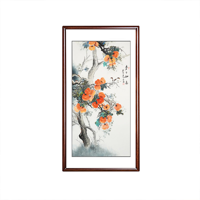 事事如意柿子画纯手绘中式国画竖版玄关餐厅走廊过道装饰挂画字画