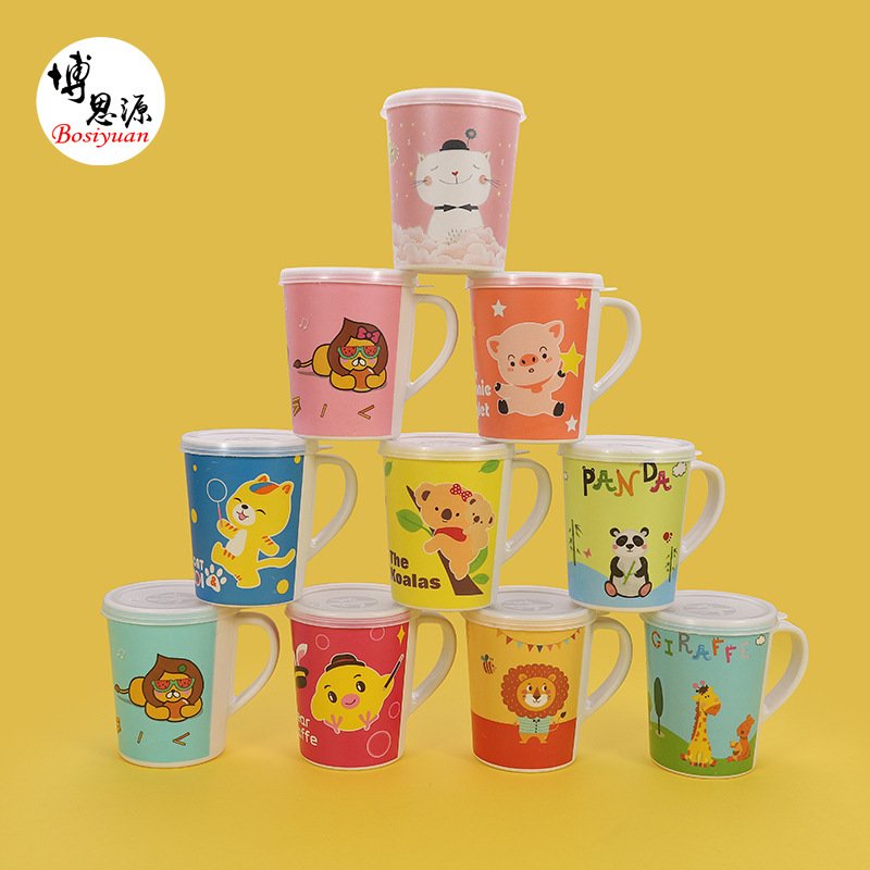 卡通竹纤维带盖儿童饮水喝水杯家用漱口杯带创意幼儿园宝宝柄杯