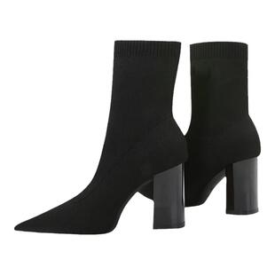 2025秋冬季针织袜靴短靴春秋单尖头弹力瘦瘦靴女高跟粗跟鞋女鞋子