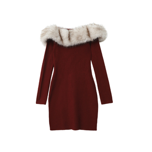 FYFTHX 红色新年战袍辣妹一字肩毛领收腰包臀针织连衣裙年会裙女