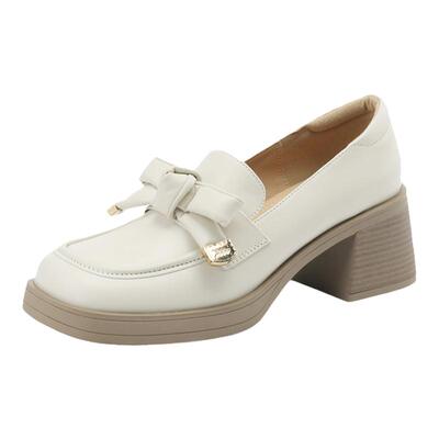 达芙妮女鞋粗跟方头蝴蝶结乐福鞋