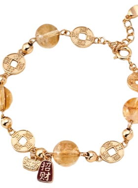 新中式招财铜钱黄花胶水晶虎眼石手链纯银串珠手串转运五帝钱配饰