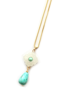 美美灵动水滴吊坠网花高瓷矿蓝白松石搭配和田玉背云锁骨项链百搭