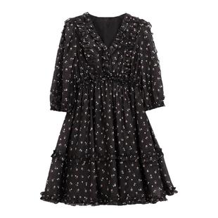 芭依璐连衣裙2026春装新款七分袖透气收腰法式雪纺黑色韩版长裙女