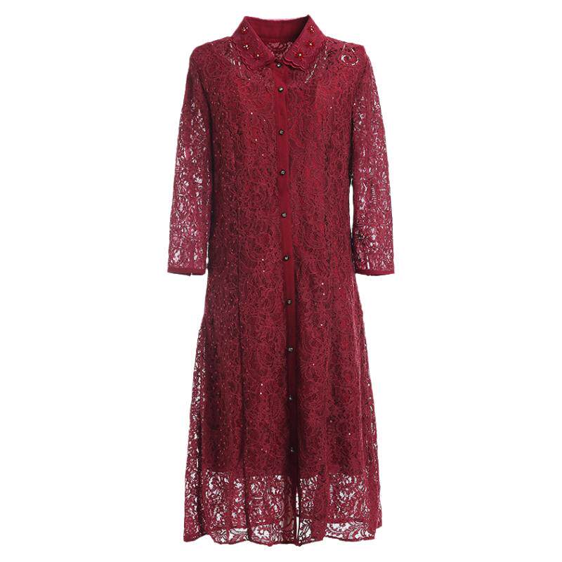 乔万尼蕾丝绣花红装宴会礼服七分袖连衣裙女