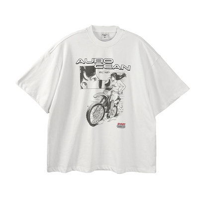 Aurocean复古动漫印花短袖T恤重磅纯棉数码直喷旧感白色宽松大版t