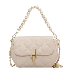 气质百搭ins小众斜挎包包女夏2025新款时尚菱格链条包珍珠手提包