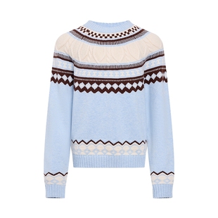 LILY2025冬新款女装含羊毛费尔岛提花宽松圆领套头浅色针织衫毛衣