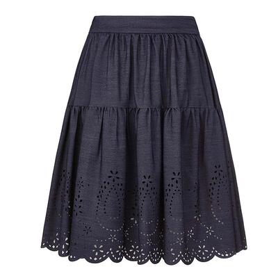 sdeer圣迪奥女装25年新品休闲松紧拼接镂空绣花A字短裙S252Z1315