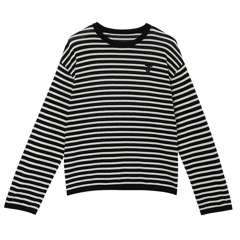 【棉麻针织】OTT2025冬季女装新品经典黑白条纹圆领毛织套头衫T恤