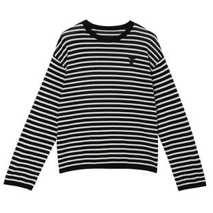 【棉麻针织】OTT2025冬季女装新品经典黑白条纹圆领毛织套头衫T恤