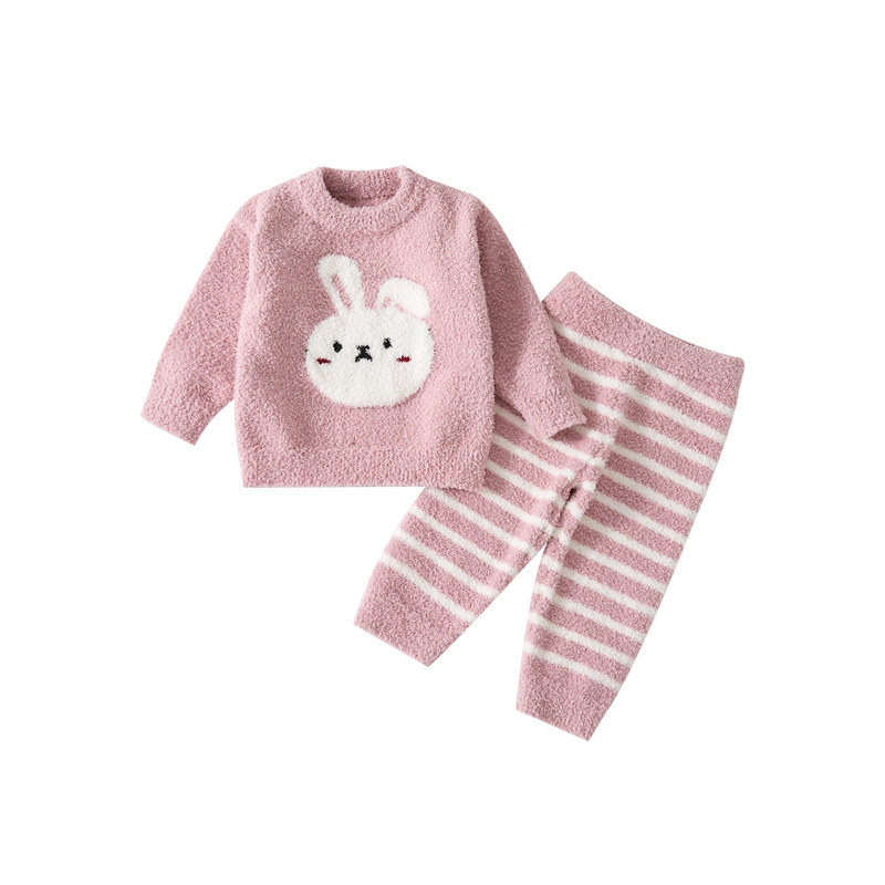 秋冬新款婴幼儿半边绒家居服套装女宝宝毛毛衣居家两件套