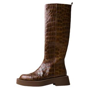 率性出镜王！伦敦秀款高定石纹牛皮侧拉链长筒英伦风骑士靴KAKA特