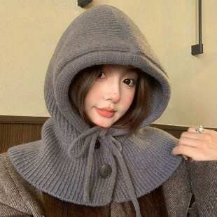 巴拉克拉法帽子女秋冬保暖针织毛线帽子围巾一体连帽围脖护颈冬季
