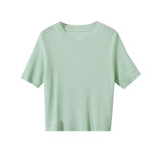 Amii2025夏新款圆领短袖漫波打花针法挑孔工艺毛针织衫女宽松上衣