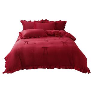 年轻人婚礼大红色婚庆结婚四件套冬季牛奶绒被套公主风立体蝴蝶结