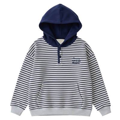 男孩加厚潮范条纹帽衫上衣黑灰色