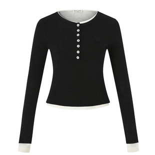 DIANA VEVINA秋冬新款假两件拼色T恤羊毛平纹混纺修身长袖打底衫