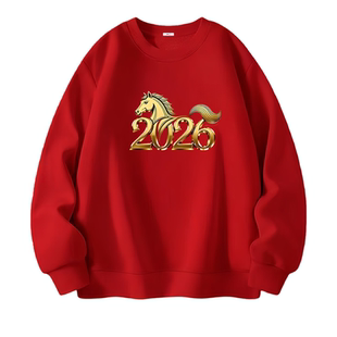 本命年红色加绒圆领卫衣男士马年潮流宽松设计感骏马印花长袖上衣