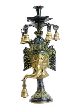 尼泊尔手工象鼻财神黄铜烛台摆件