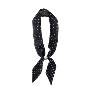 2026新款韩版黑色波点丝巾女夏季珍珠装饰细长条百搭颈饰系脖围巾