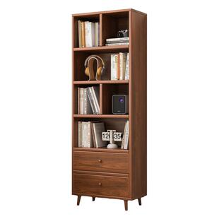 实木书架客厅落地靠墙转角置物架家用日式窄立柜胡桃木色展示书柜