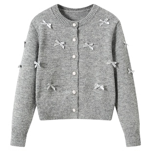 DDXZ夕子 韩系百搭蝴蝶结针织衫小香风千金风开衫miu系灰色毛衣女