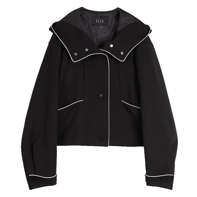 ELLE黑色绵羊毛撞色连帽短外套女2025秋季新款高级感通勤风上衣
