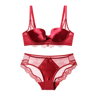 红色内衣女蕾丝性感小胸聚拢显大2025新款爆款文胸套装调整型胸罩