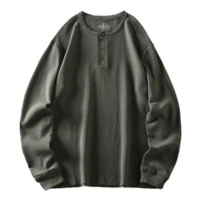 长袖美式休闲亨利领T恤华夫格潮