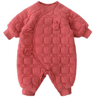 新生儿衣服秋冬连体衣宝宝满月红色新年服加厚棉服过年拜年服婴儿