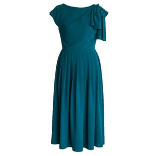 罗衣洋气百褶收腰连衣裙女2025夏季新款气质孔雀绿大摆裙子08674