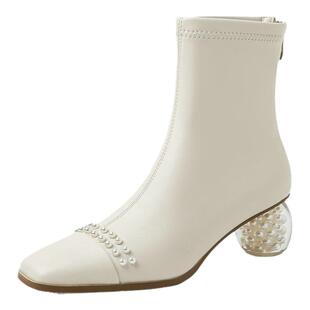 弹力瘦瘦靴女高跟粗跟方头弹力瘦瘦靴短筒珍珠水晶跟时装靴白色