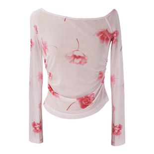 SYT自制 春日浪漫花朵度假风晕染一字领打底衫春季修身显瘦上衣