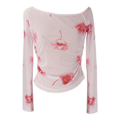 春日浪漫花朵一字领显瘦上衣