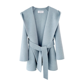 CHIIYEAR池也 极简蓝色双面羊绒大衣女连帽25冬新小个子羊毛外套