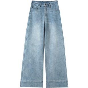 高中初中女生浅蓝色带绒裤子加长版高个子大童秋冬加绒阔腿牛仔裤