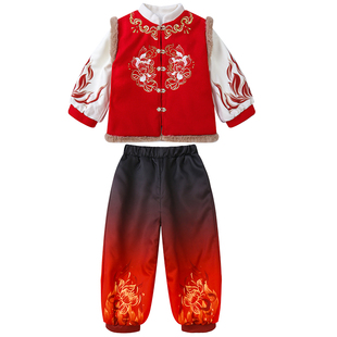 冬款儿童汉服喜庆拜年服新款小哪吒套装中国风男女宝宝加绒新年装