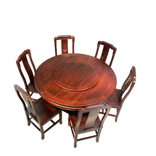 红木圆餐桌椅餐台组合酸枝木带转盘全原木圆桌1.2/1.3/1.4/1.5米