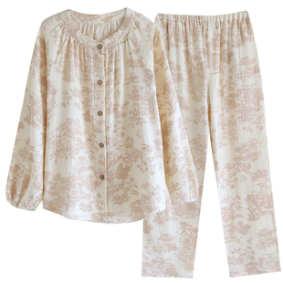 春秋长袖睡衣女纯棉泡泡棉纱宽松可外穿双层纱布家居服全棉麻套装